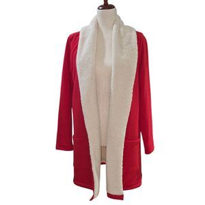 Eddie Bauer Women's Sherpa Lined Open Front Cardigan Size Medium‎ Red And Cream